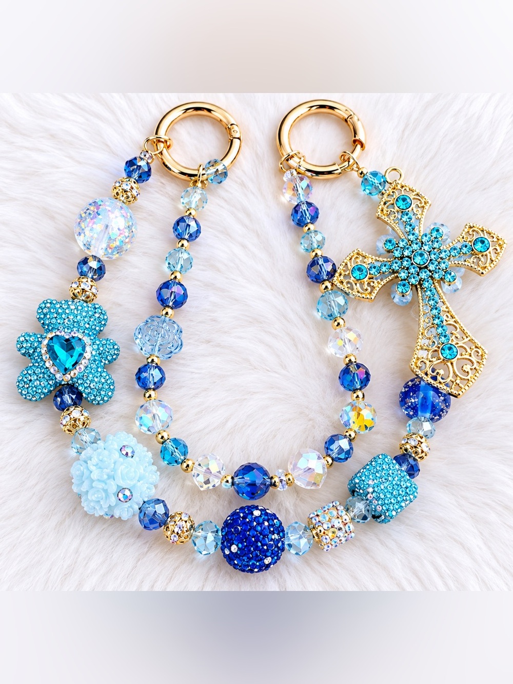 Gold-Tone Blue Crystal Beaded Cross bag charm